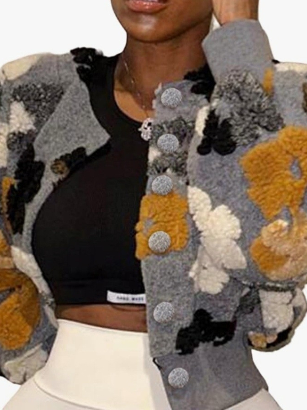 Floral Teddy Bomber Jacket - Gray & Mustard